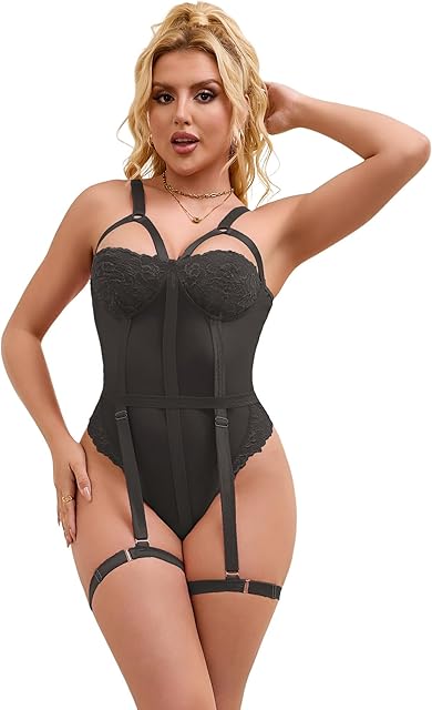 Women Lingerie One Piece Lace Bodysuit Teddy Garter Lingerie Set with Thigh Garter Rings Sexy Rave Outfits for Women