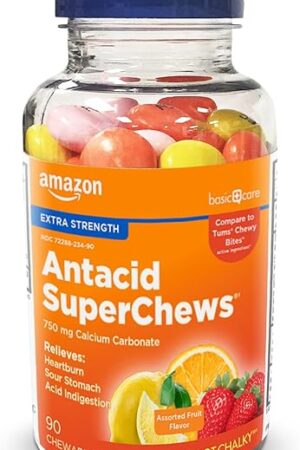 Amazon Basic Care Extra Strength Antacid SuperChews Chewable Tablets, Assorted Fruit, 90 count (Previously SoundHealth) Orange, Pink, Yellow