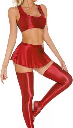 Womens Oil Glossy Athletic Lingerie Set Racer Back Crop Top with Mini Ruched Skirt Stockings