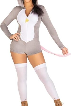 Women Comfy Adult Mouse Costume for Women Romper Rat Onesie Halloween Costume With Mouse Ears Hood