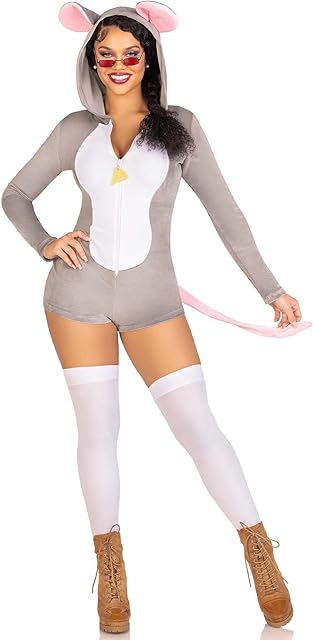 Women Comfy Adult Mouse Costume for Women Romper Rat Onesie Halloween Costume With Mouse Ears Hood