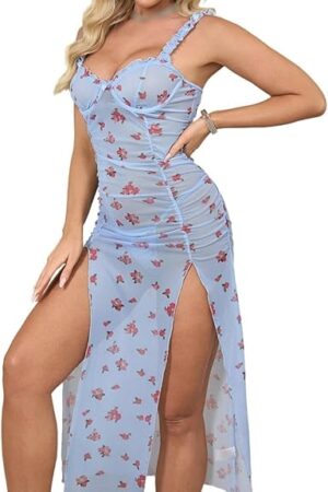 Women Floral Print Maxi Lingerie Dress Pleated Waist Backless Mesh Sexy Sheer Lingerie Set