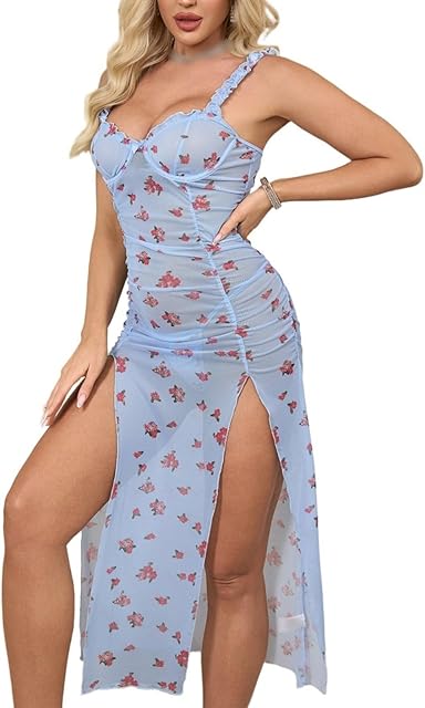 Women Floral Print Maxi Lingerie Dress Pleated Waist Backless Mesh Sexy Sheer Lingerie Set
