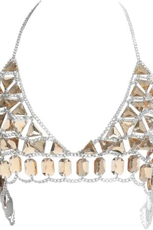 Women's Sexy Body Chain Suit Fashion Halter Bra Chain Body Jewelry (206-B-Silver color)