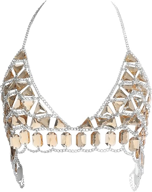 Women's Sexy Body Chain Suit Fashion Halter Bra Chain Body Jewelry (206-B-Silver color)