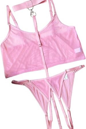 3PC Womens Mesh Lingerie Set, Removable Choker, Sheer Top And Panty
