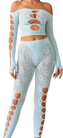 Women's Fishnet Set Lace Pearl Bodystocking Stretchy Strapless Top & Tights Mesh Lingerie Sexy Clubwear