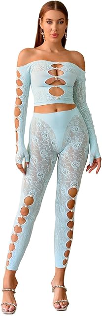 Women's Fishnet Set Lace Pearl Bodystocking Stretchy Strapless Top & Tights Mesh Lingerie Sexy Clubwear