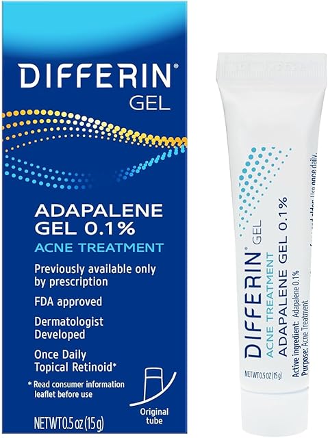Differin Acne Treatment Gel, 30 Day Supply, Retinoid Treatment for Face with 01% Adapalene, Gentle Skin Care for Acne Prone Sensitive Skin, 15g Tube (Packaging May Vary)