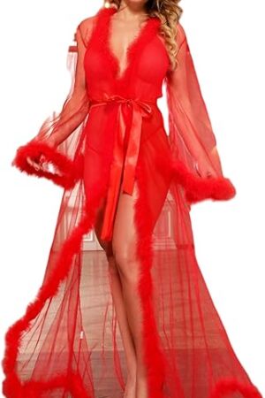 Women Long Kimono Robe Plus Size Sexy Sheer Mesh Fur Robe Lingerie Feather Bridal Robe