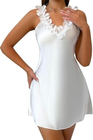 Women V Neck Sleepwear Ruffle Sleeveless Smooth Tunic Dress for Home Sleeping Solid Color Fashion Babydoll Lingerie