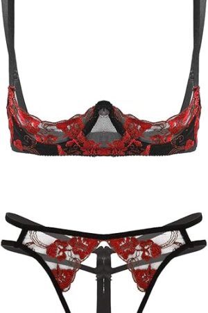 Women's Sexy Floral Lace Scalloped Exposed Breasts Bra Top Panty Underwire Lingerie Set