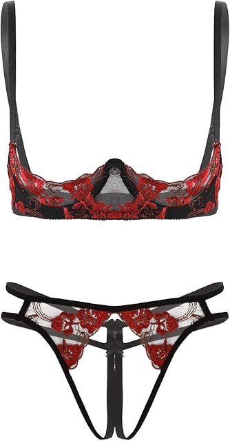 Women's Sexy Floral Lace Scalloped Exposed Breasts Bra Top Panty Underwire Lingerie Set