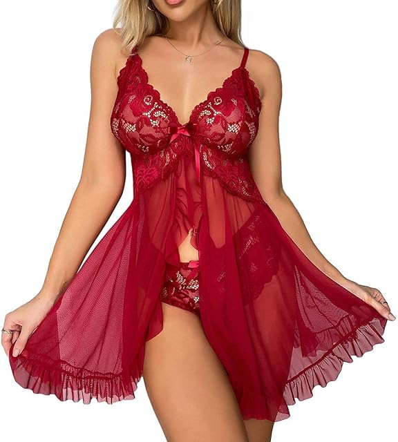 Women Plus Size Lingerie Babydoll Dress Lace Chemise Sleepwear Mesh Nightgown with Thong V Neck Set S-5XL