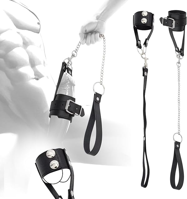 Leather Testicle Toys Crusher CBT Scrotum Bondage Gear Accessories with Traction Chain Cock and Ball Torture Male Chastity Devices BDSM Toys Cock Ring Testicle Sex Restraints Testicles Ball Stretcher