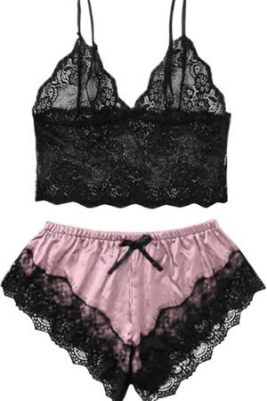 Women's Lace Lingerie Pajamas Sexy See Through Bra Cami Tops and Satin Shorts Sleepwear 2 Piece Loungewear Nighty