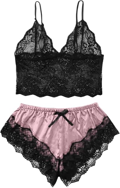 Women's Lace Lingerie Pajamas Sexy See Through Bra Cami Tops and Satin Shorts Sleepwear 2 Piece Loungewear Nighty