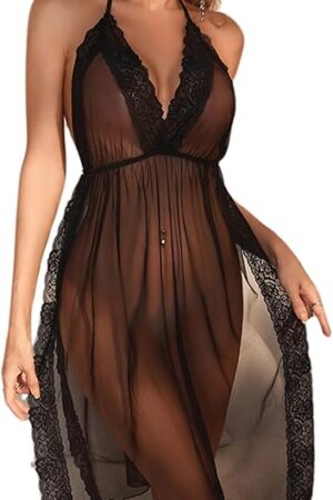 Women Sheer Babydoll Chemise Sexy Nightgown Lace Trim Lingerie Mesh Dress Halter Backless Sleepwear Side Split Nighty