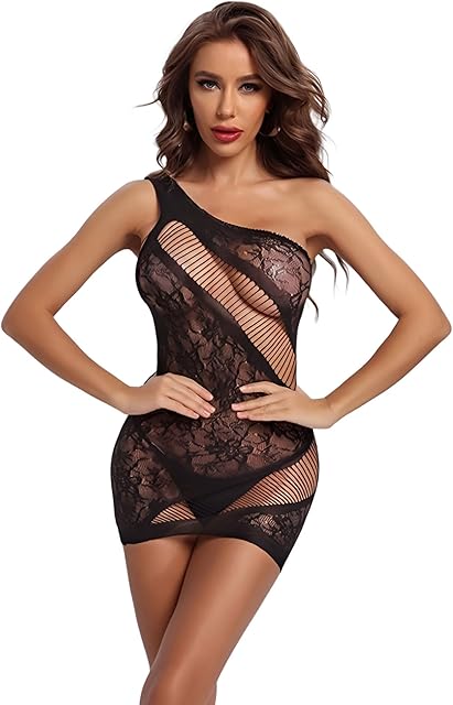 Fishnet Dress Mesh Lingerie for Women, One Shoulder Fishnet Mini Dress Fish Net Outfits for Women Sexy Black Onesize 2-8