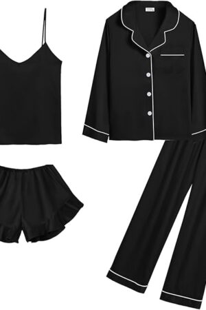Womens Silk Satin Pajamas Sets 4pcs Loungewear Sexy Cami Shorts Set Button Down Long Sleeve Pjs Sleepwear