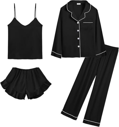 Womens Silk Satin Pajamas Sets 4pcs Loungewear Sexy Cami Shorts Set Button Down Long Sleeve Pjs Sleepwear