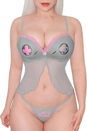 Women Nightwear Lace Strap Chemise Halter V Neck Sleepwear - Lets Play Gamer Girl Lingerie Set