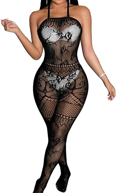 Women's Sexy Lingerie Bodystocking Fits 0-18, Halter Cutout Fishnet Bodysuit Club Rave Outfits