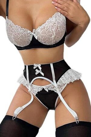 Women's Lace Lingerie Sexy Set Garter belt with Bow Choker Strappy Bra and G-String Set Sheer Nightwear 4 Piece