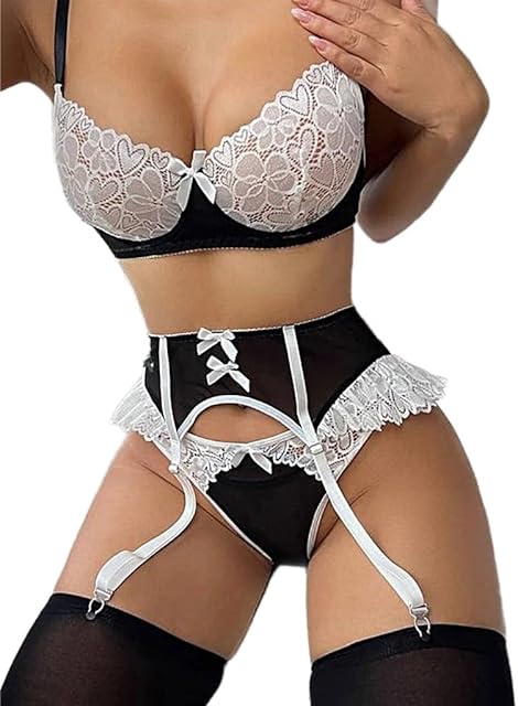 Women's Lace Lingerie Sexy Set Garter belt with Bow Choker Strappy Bra and G-String Set Sheer Nightwear 4 Piece