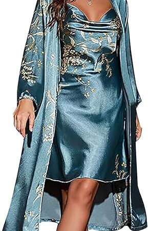 2 Piece Women Satin Nightgowns and Robe Set Sexy Printed Silk Slip Dress Long Chemise Nightdress Sleepwear