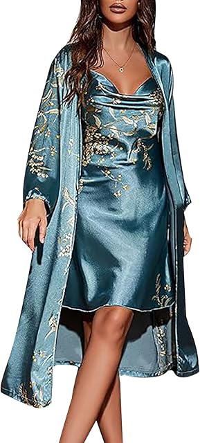 2 Piece Women Satin Nightgowns and Robe Set Sexy Printed Silk Slip Dress Long Chemise Nightdress Sleepwear