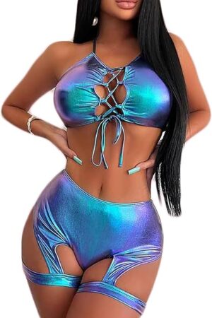 Women's 2 Piece Swimsuit Metallic Rave Outfits Halter Sexy Tops Shorts Garter Lingerie Set Beach Shiny Bikini Set