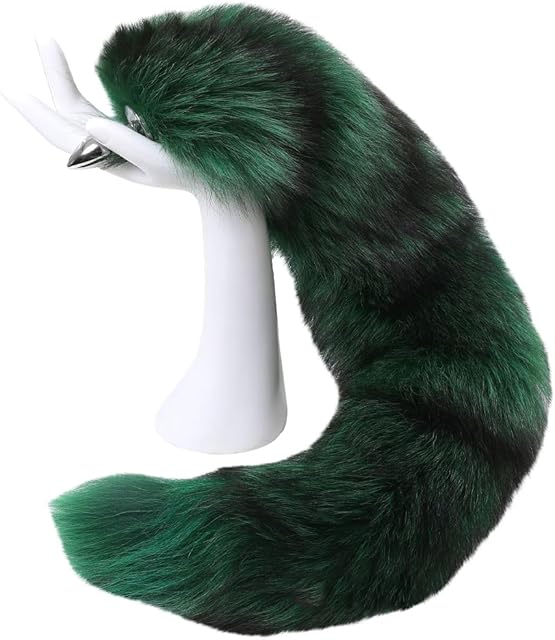 Butt Plug Fox Tail, Artificial Handmade Dyed Silver Green Tail Detachable Multi-Function Fur Anal Plug Sexy Adult Toy Butt Stainless Steel Cosplay Sex Flirt Toys-35CM Tail||3.4CM Anal Plugs