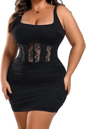 Womens Plus Size Sexy Ruched Bodycon Dress Sleeveless Square Neck Club Party Dresses