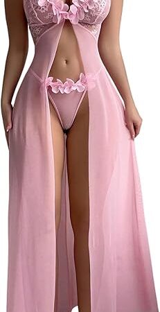 Women's 2 Piece Mesh Lace Babydoll Lingerie Set Sheer High Slit Nightgown with Thong
