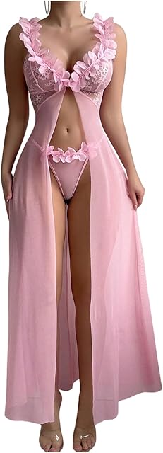 Women's 2 Piece Mesh Lace Babydoll Lingerie Set Sheer High Slit Nightgown with Thong