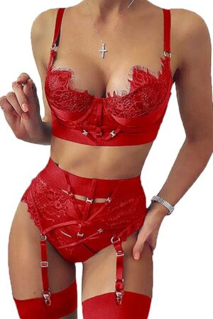 Garter Lingerie for Women,Underwire Eyelash Floral Lace Lingerie,High Waisted Matching 3 Piece Sexy Lingerie Set