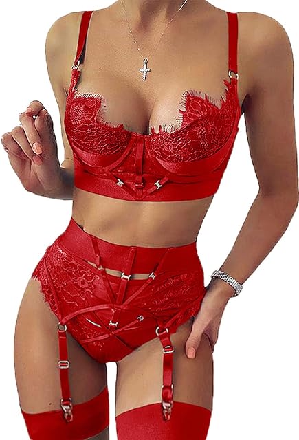 Garter Lingerie for Women,Underwire Eyelash Floral Lace Lingerie,High Waisted Matching 3 Piece Sexy Lingerie Set