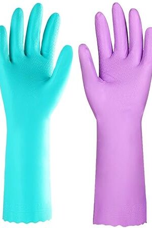 Elgood Reusable Dishwashing Cleaning Gloves with Latex free, Cotton lining,Kitchen Gloves 2 Pairs,Purple+blue Medium