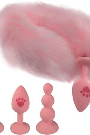 Fox Tail Anal Butt Plug with 3 Replaceable Anal Plugs Silicone Butt Plugs Anal Sex Trainer Cute Sexy Pink Sex Fox Tail Anal Sex Toys for Beginner Women Men Couple Cosplay Anal Tail Sex Toys YLMXHFC
