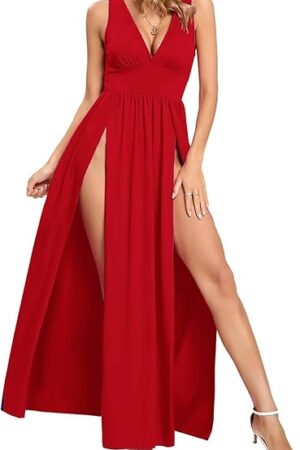 Women's Summer 2025 Sexy Double High Slit Deep V Neck Plus Size Sundresses Thigh Split Maxi Club Party Dresses