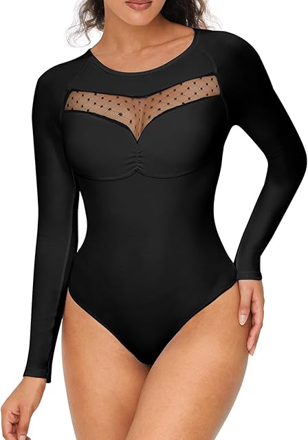 Women's Long Sleeve Bodysuit Tummy Control Shapewear Crew Neck Body Suits Sexy Thong Bodysuit Shirts Going Out Tops