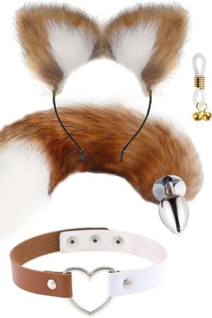 Fluffy Ear Hair Clip Nipple Clamp Cat Fur Wolf Fox Tail Anal Plug Choker Animal Cosplay Neck Collar Costume Accessory Set 4PC