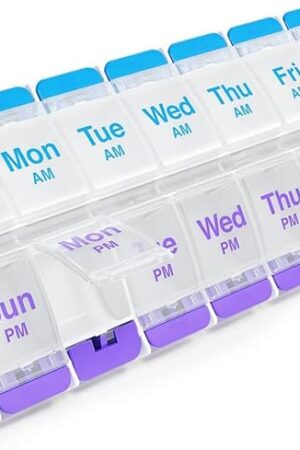 EZY DOSE Push Button (7-Day) Pill Case, Medicine Planner, Daily Vitamin Organizer, 2 Times a Day AM/PM, X-Large Compartments, Arthritis Friendly, Easy to use, Clear Lids, Purple and Blue, BPA Free