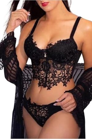 Women Sexy Lingerie Strap Lace Teddy Babydoll Sheer Bralette and Panty Set Floral Embroidery Nightwear Underwear