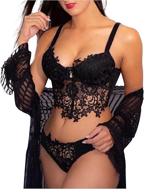 Women Sexy Lingerie Strap Lace Teddy Babydoll Sheer Bralette and Panty Set Floral Embroidery Nightwear Underwear