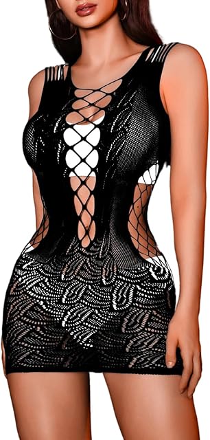Fishnet Mini Dress for Women, Exotic Stripper Outfits Dancewear, Sexy Mesh Sheer Lace Fishnets Lingerie Plus Size