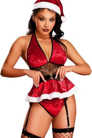5Pcs Christmas Lingerie For Women, Hat&Stockings Sexy Gift Set, Red Velvet Mrs Claus Costume Santa Outfits,Fits 0-6