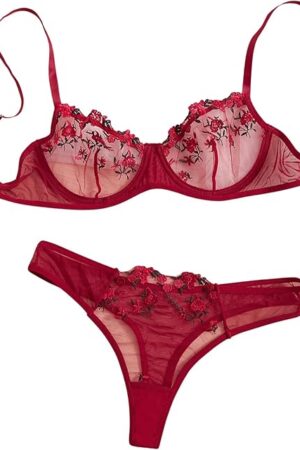 Women's 2 Piece Floral Embroidery Mesh Underwire Lingerie Set Bra and Panty Set