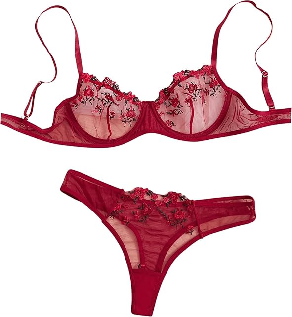 Women's 2 Piece Floral Embroidery Mesh Underwire Lingerie Set Bra and Panty Set